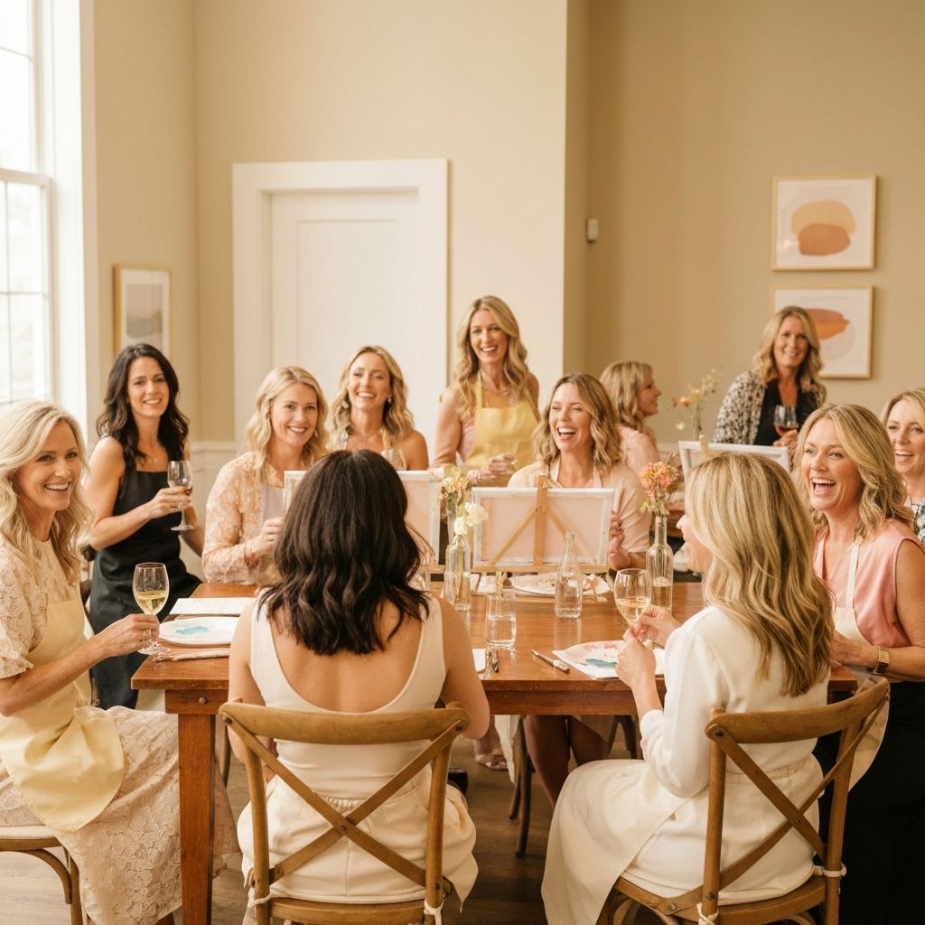 Paint and sip event with women enjoying creative time together